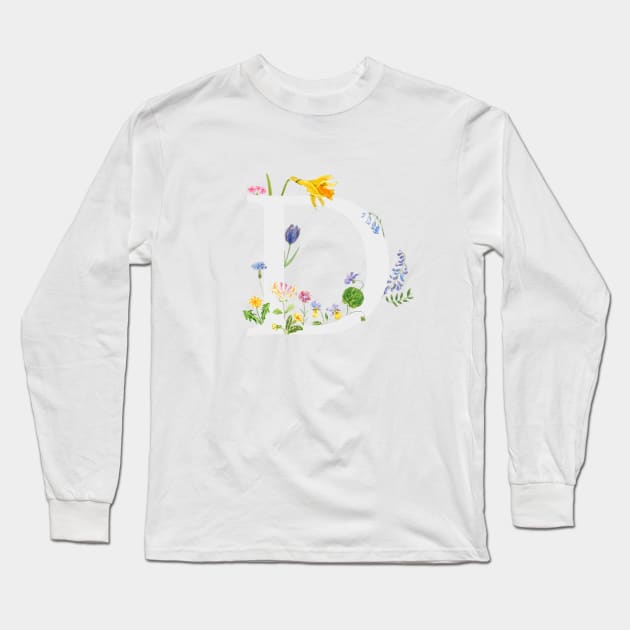 botanical monogram alphabet d wildflowers Long Sleeve T-Shirt by colorandcolor